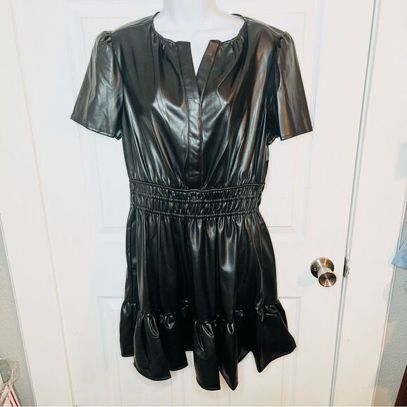 GREY COLLECTIVE Faux Leather Mini Dress Black Fit and Flare Ruffle Smocked M NWT - Picture 7 of 13